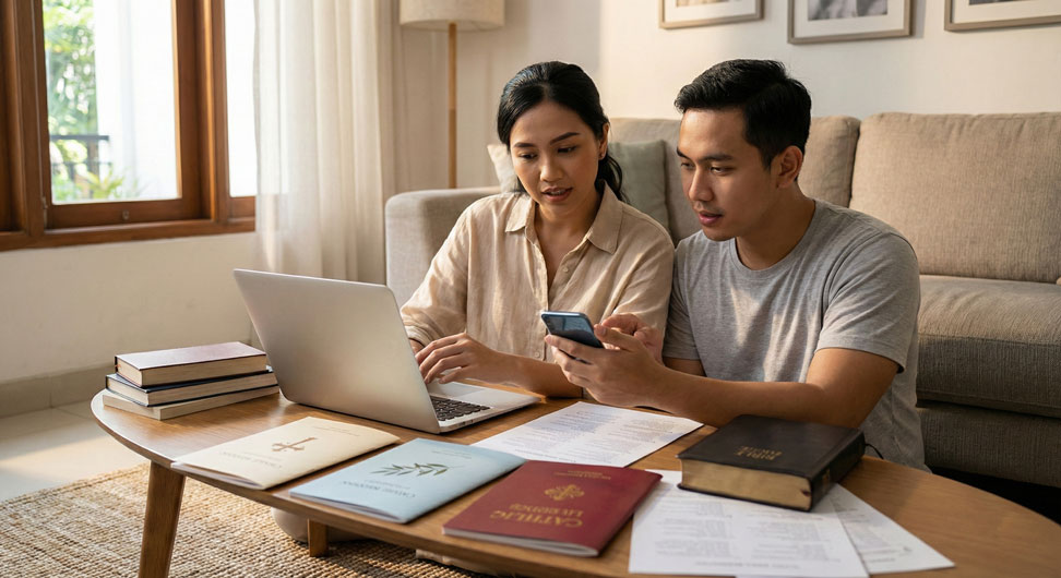 Pasangan-berdiskusi-dengan-draft-buku-liturgi-perkawinan-gereja